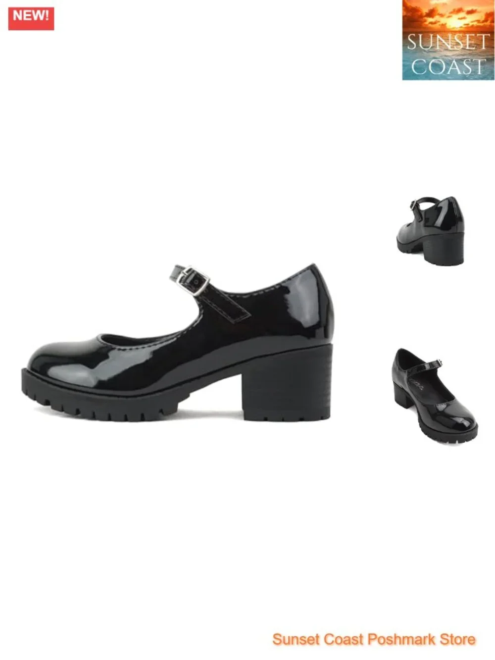 Girls Black Patent Mary Jane Block Heel Shoes Adjustable Strap